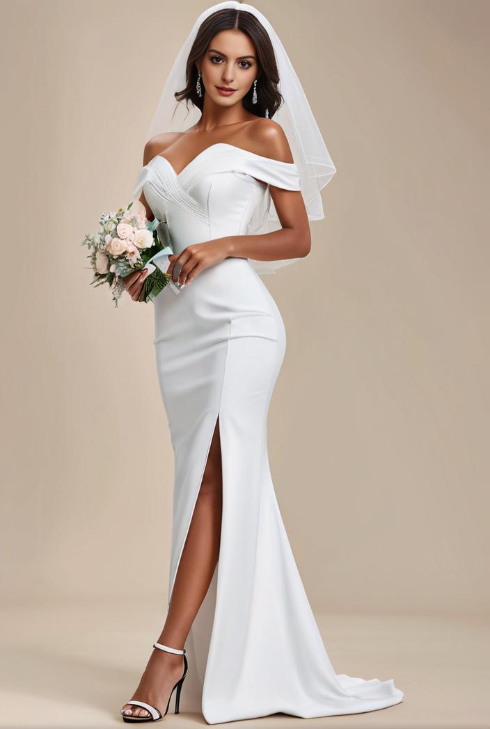 pearl chain cold shoulder front slit pleated mermaid wedding dress 141526