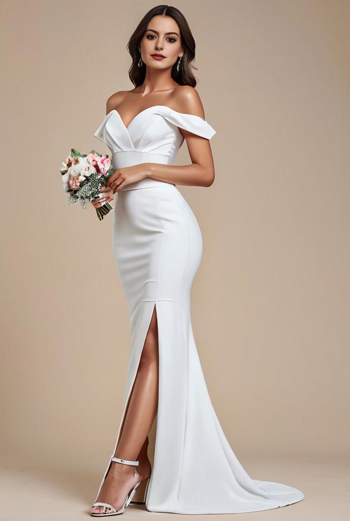 pearl chain cold shoulder front slit pleated mermaid wedding dress 141527