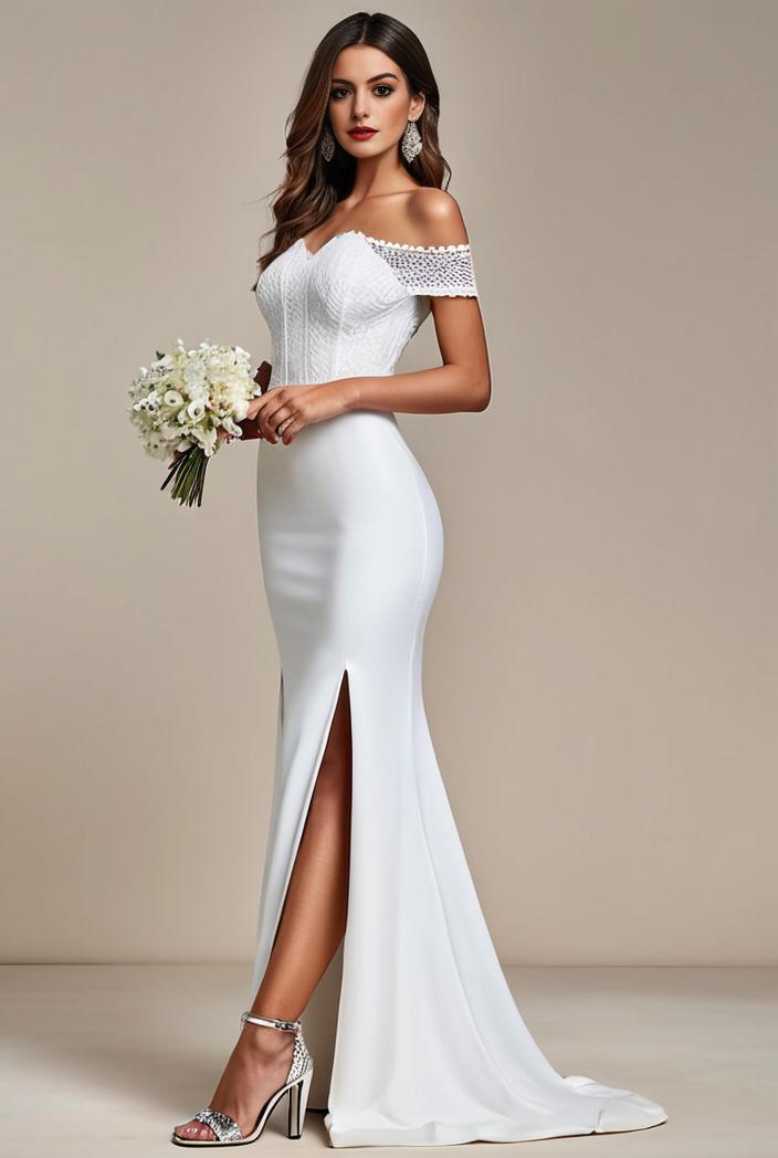 pearl chain cold shoulder front slit pleated mermaid wedding dress 141529