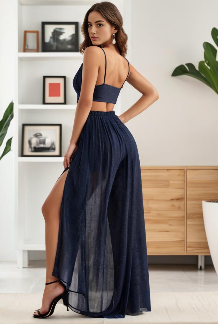 spaghetti strap 2 in 1 sheer evening dress 107419