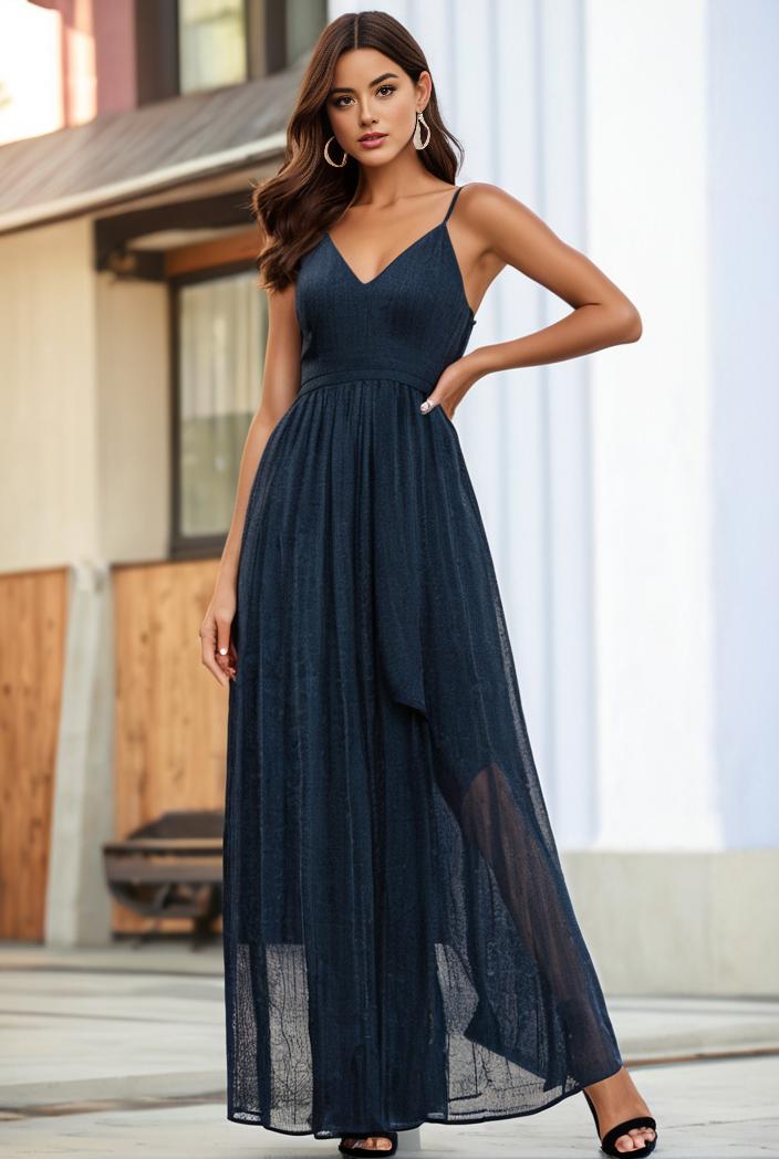 spaghetti strap 2 in 1 sheer evening dress 107442