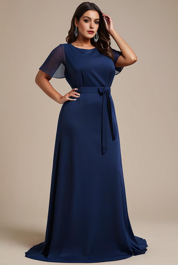 plus size simple chiffon pleated a line round neckline bridesmaid dress 145086