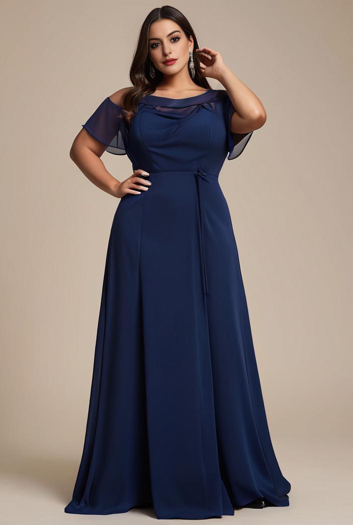 plus size simple chiffon pleated a line round neckline bridesmaid dress 145094