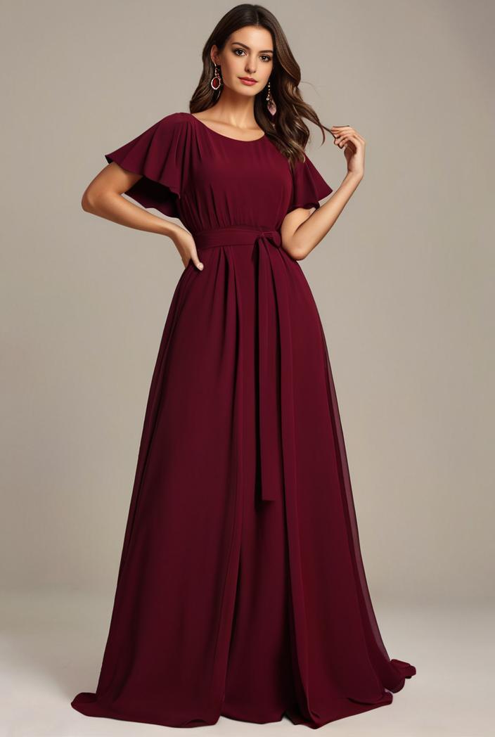 plus size simple chiffon pleated a line round neckline bridesmaid dress 145121