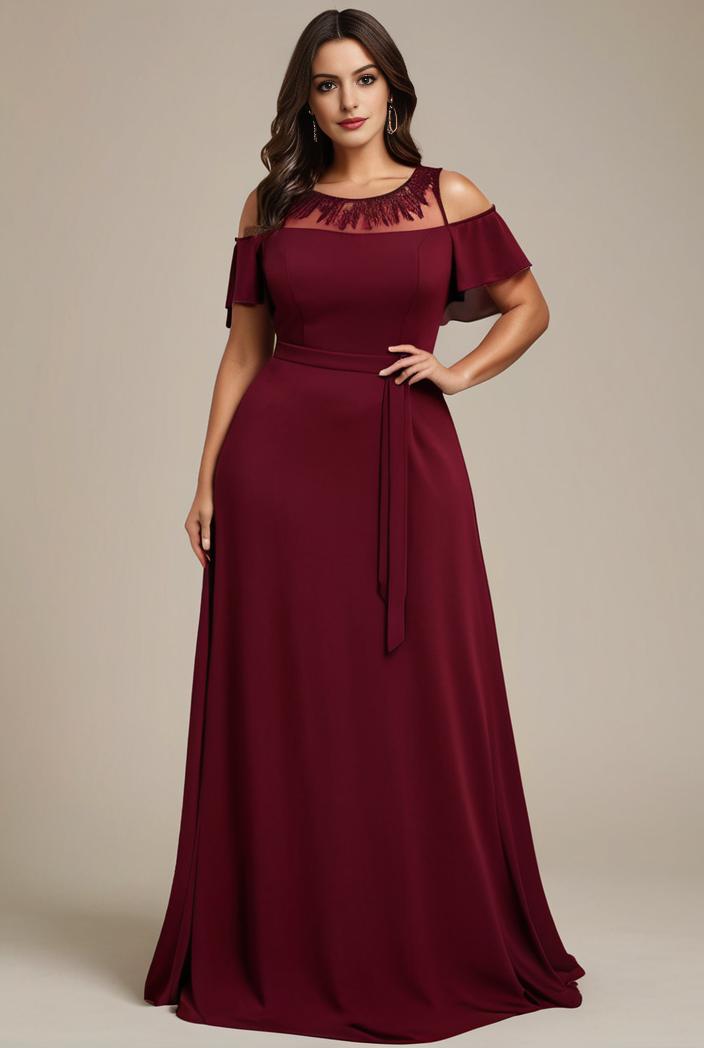 plus size simple chiffon pleated a line round neckline bridesmaid dress 145141