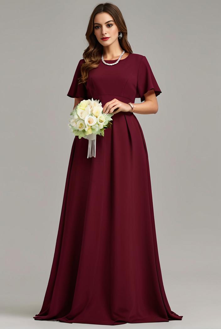 plus size simple chiffon pleated a line round neckline bridesmaid dress 145159