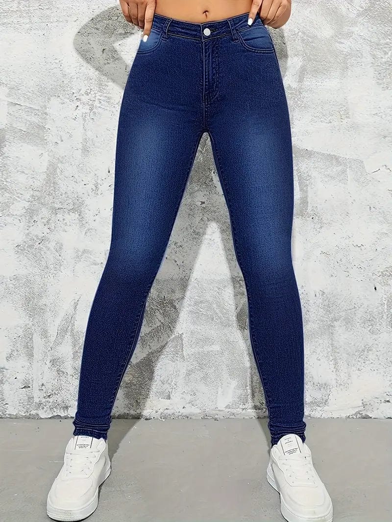 Navy High-Rise Skinny Jeans with Stretch Fit Slash Pockets - Stylish Denim Pants for Women