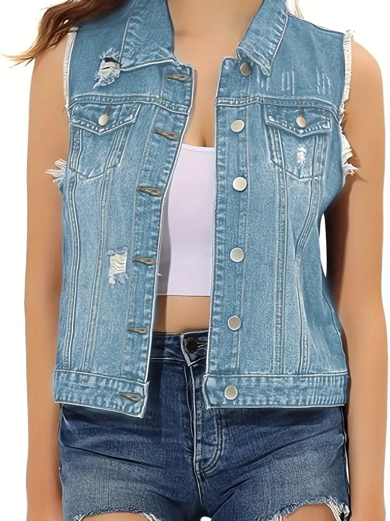 Washed Denim Sleeveless Vest with Distressed Ripped Lapel, Women's Denim Jacket Collection