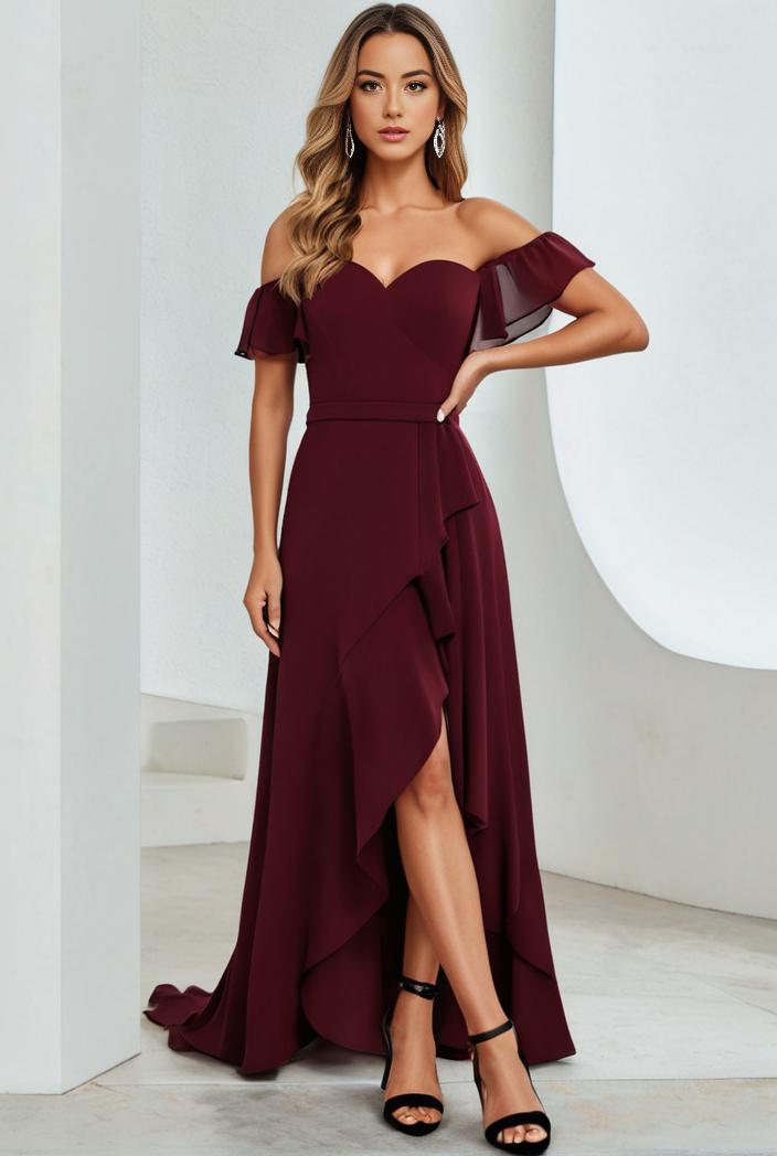 elegant chiffon high low off the shoulder bridesmaid dress 112625