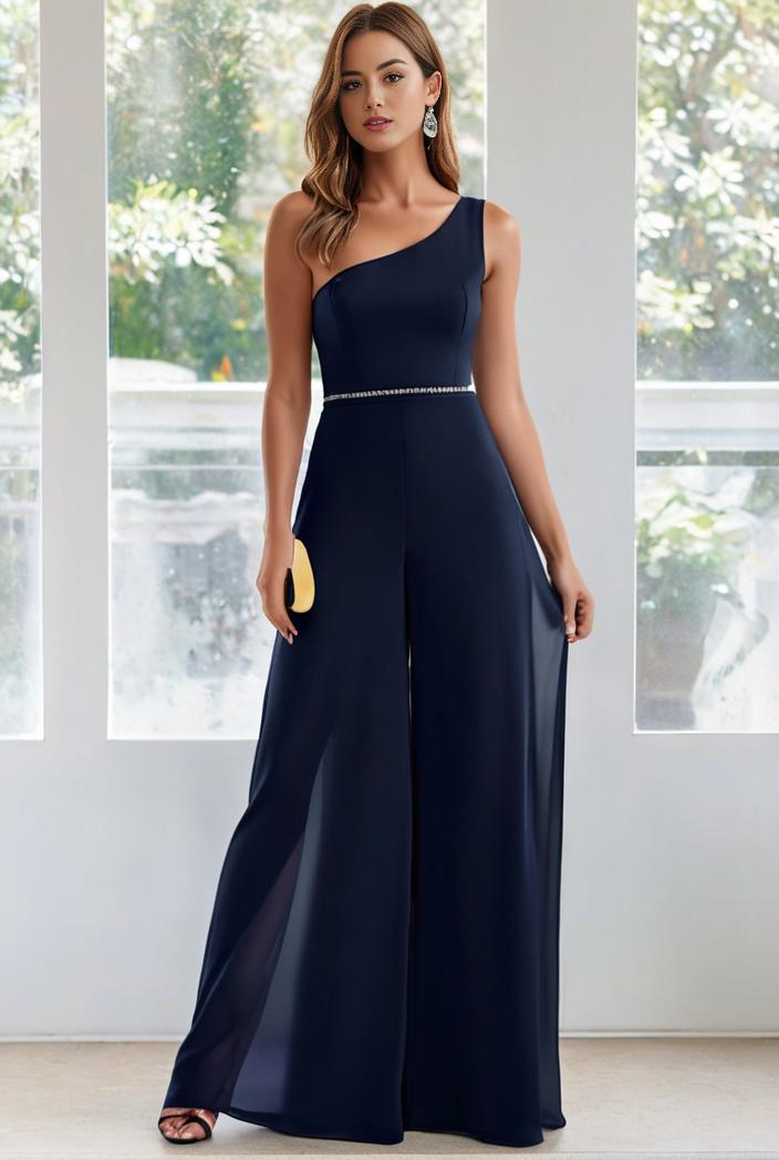 flowy chiffon one shoulder with three straps bridesmaid dress 115416