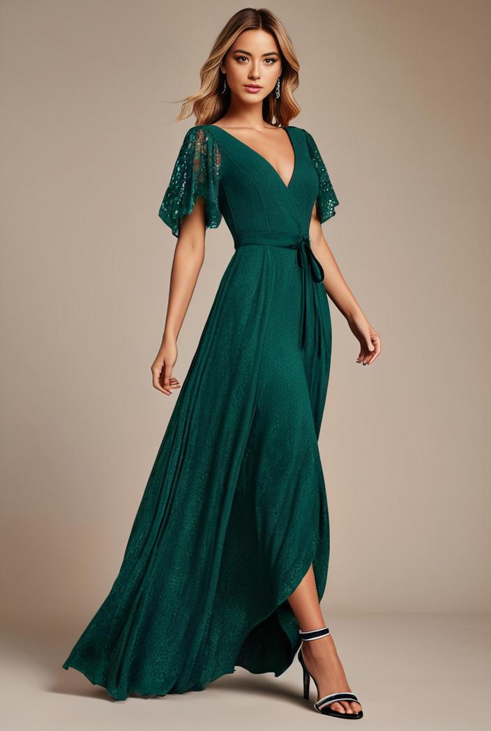 glitter high low front side slit ruffled v neck evening dress 115646
