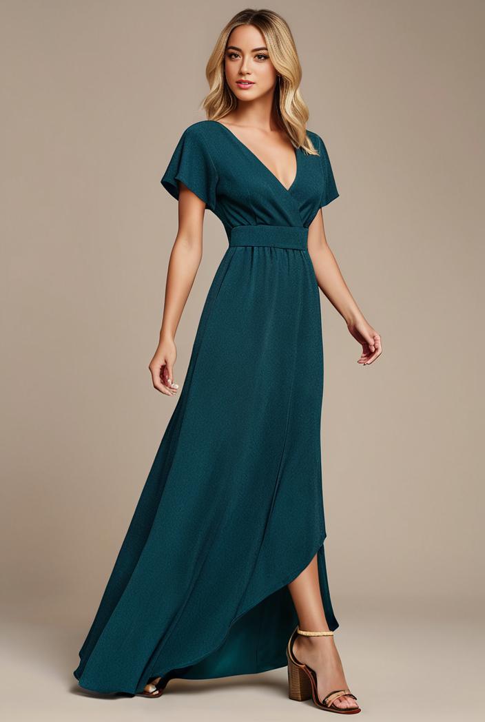 glitter high low front side slit ruffled v neck evening dress 115658
