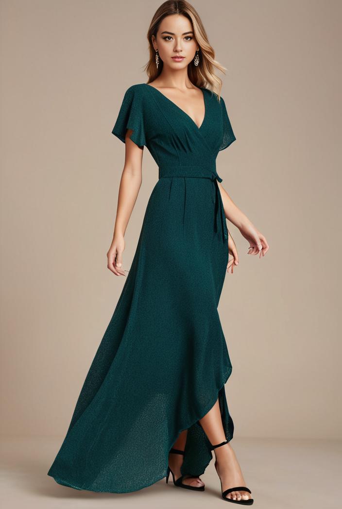 glitter high low front side slit ruffled v neck evening dress 115660