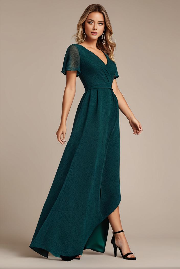glitter high low front side slit ruffled v neck evening dress 115663