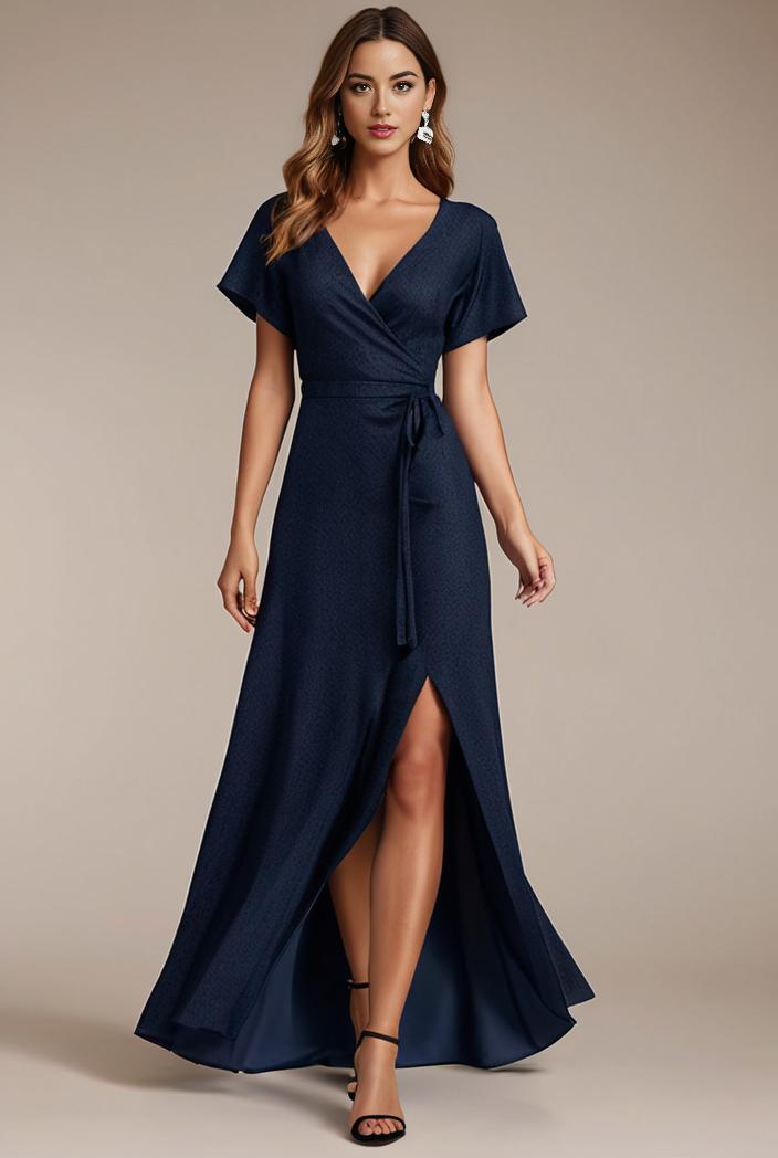 glitter high low front side slit ruffled v neck evening dress 115672