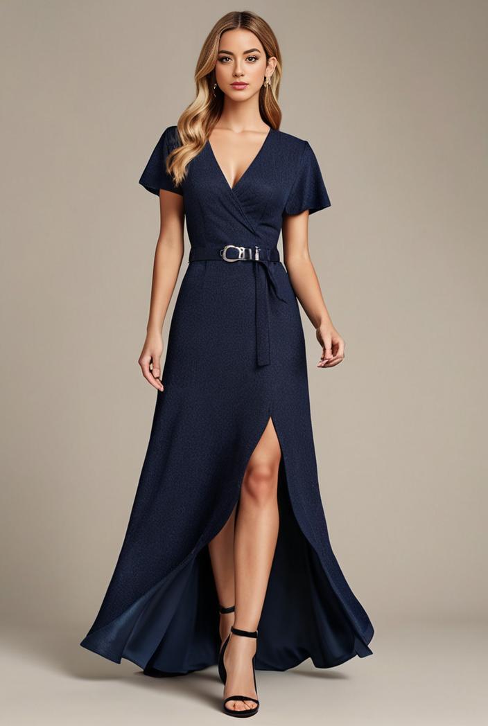 glitter high low front side slit ruffled v neck evening dress 115674
