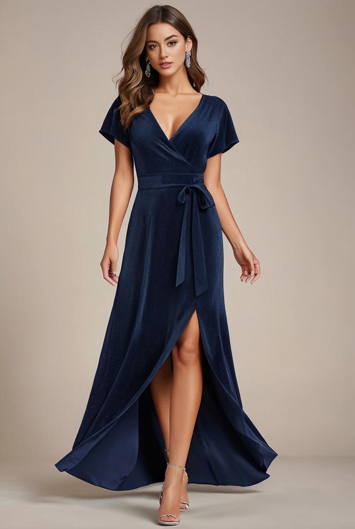 glitter high low front side slit ruffled v neck evening dress 115676