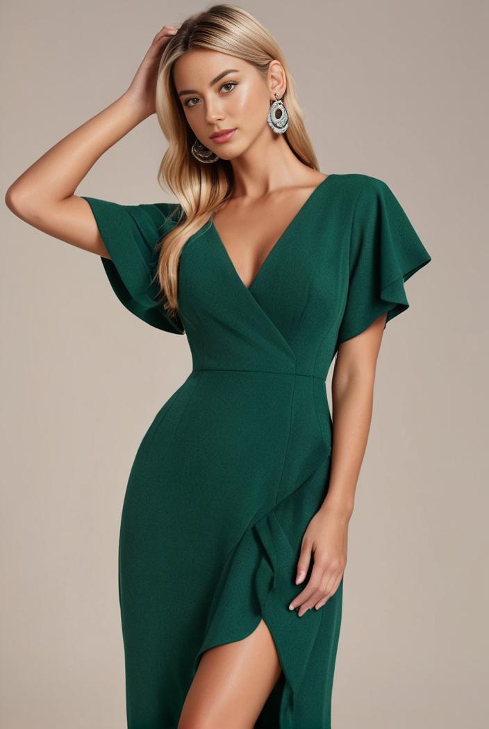 glitter high low front side slit ruffled v neck evening dress 115684