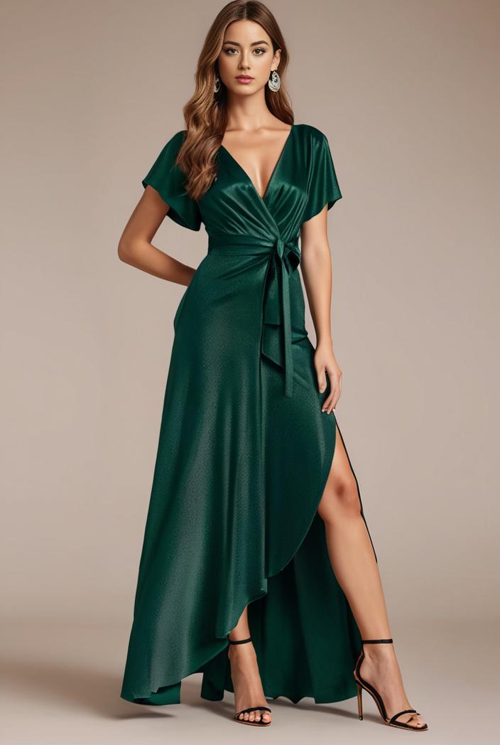 glitter high low front side slit ruffled v neck evening dress 115688