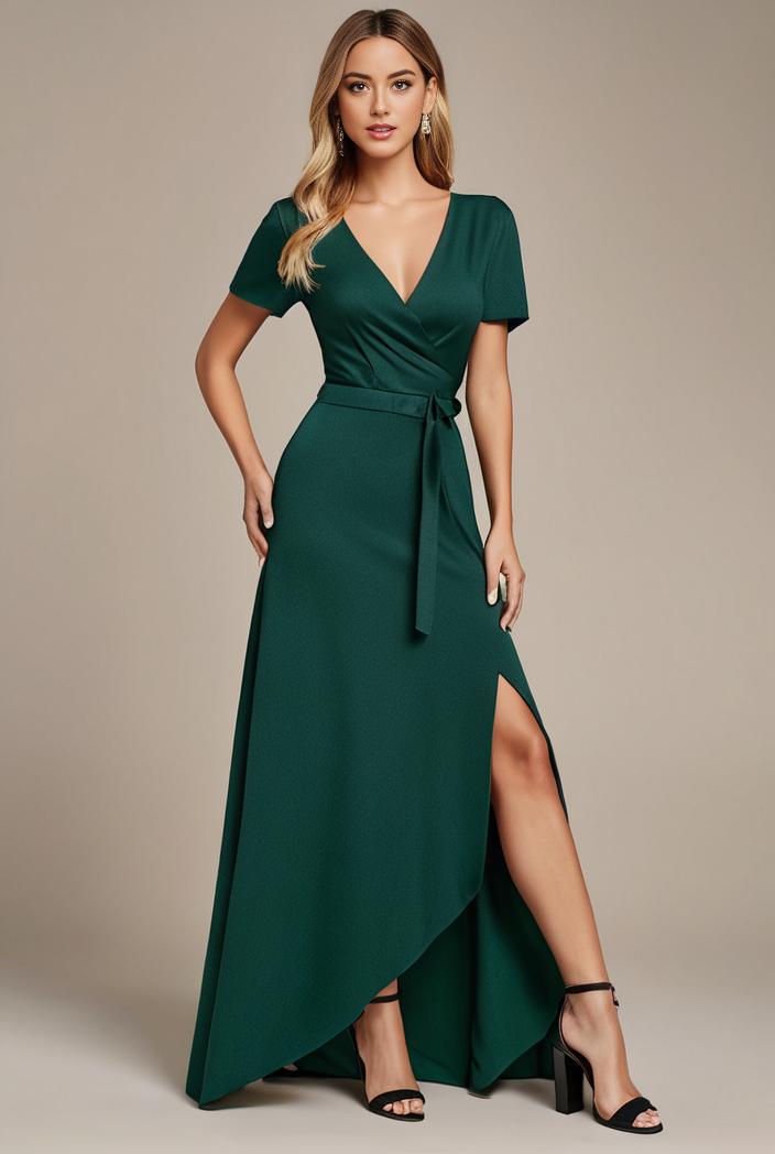 glitter high low front side slit ruffled v neck evening dress 115690