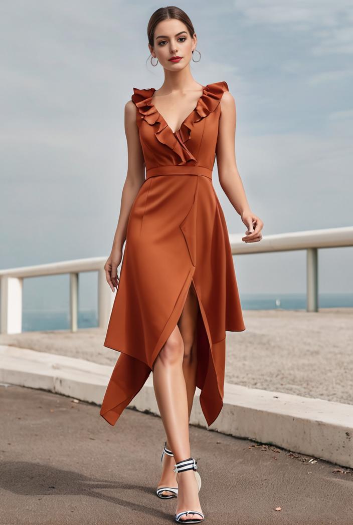 deep v neck lace chiffon bridesmaid dress with asymmetrical hem 104206