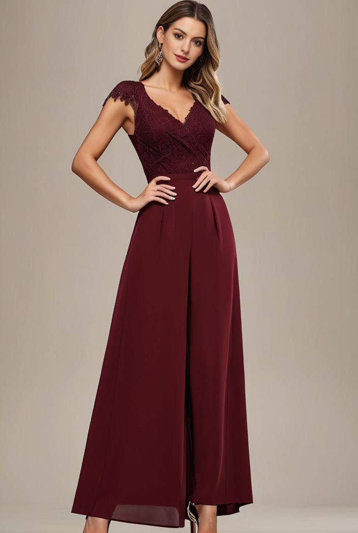elegant chiffon maxi evening dress with lace cap sleeve 105323