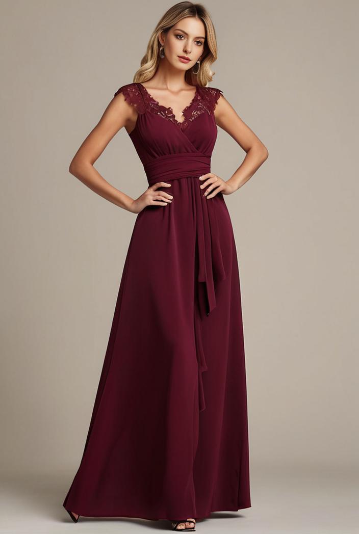 elegant chiffon maxi evening dress with lace cap sleeve 105324