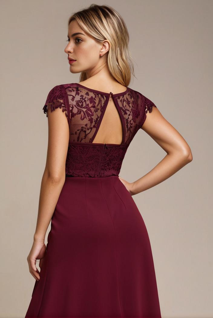 elegant chiffon maxi evening dress with lace cap sleeve 105336