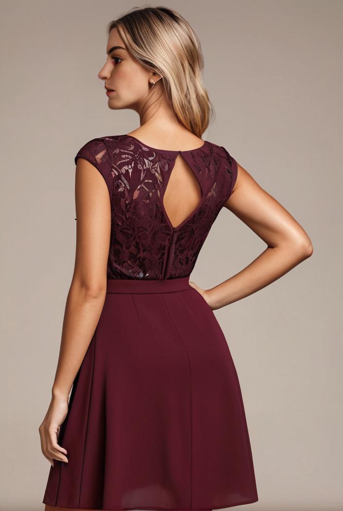 elegant chiffon maxi evening dress with lace cap sleeve 105341