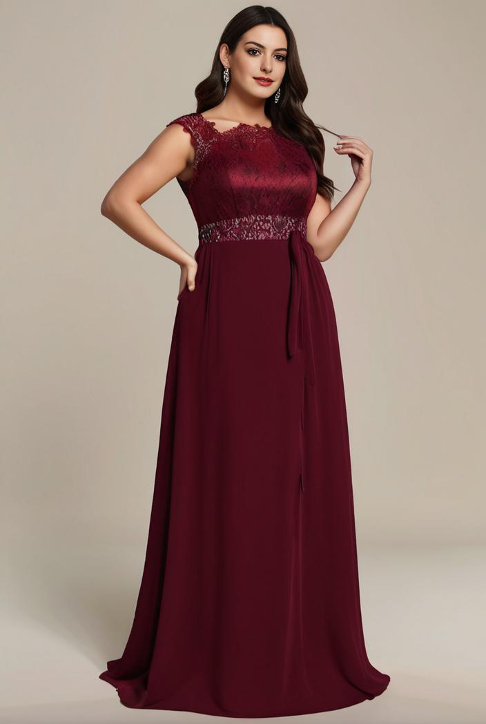 elegant chiffon maxi evening dress with lace cap sleeve 105342