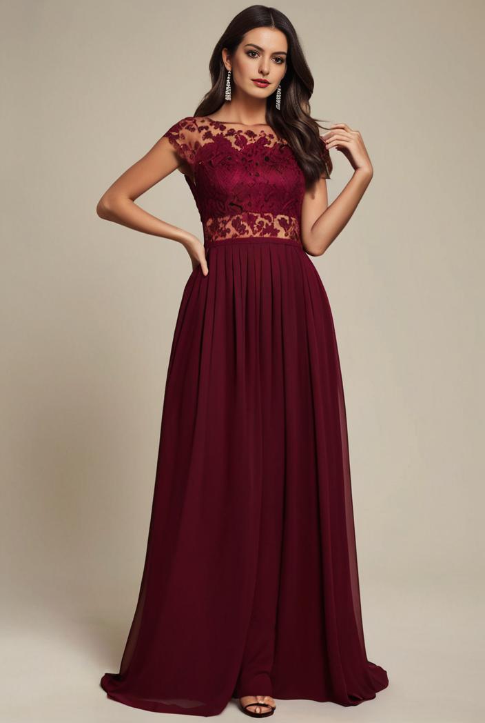 elegant chiffon maxi evening dress with lace cap sleeve 105343
