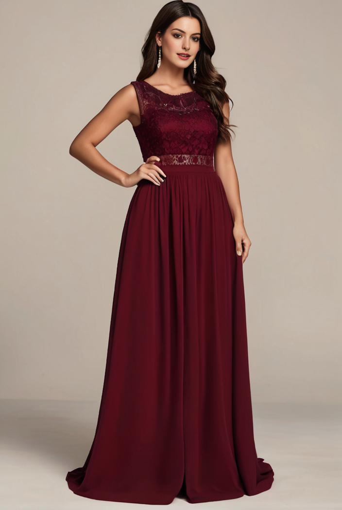 elegant chiffon maxi evening dress with lace cap sleeve 105346