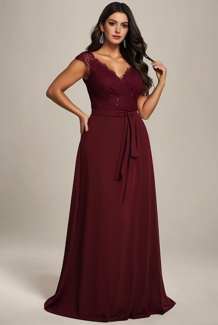 elegant chiffon maxi evening dress with lace cap sleeve 105347