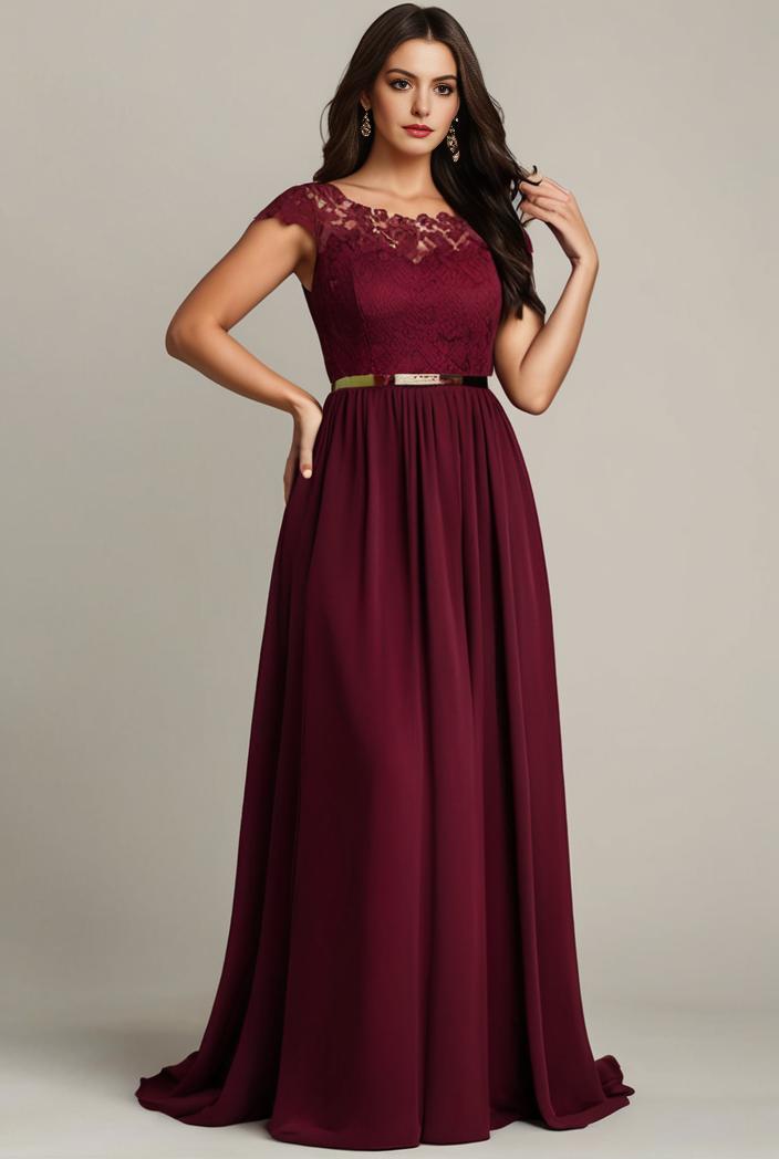 elegant chiffon maxi evening dress with lace cap sleeve 105348