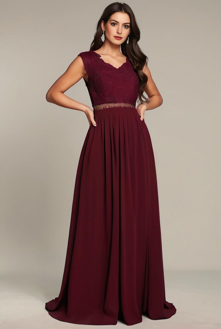 elegant chiffon maxi evening dress with lace cap sleeve 105349