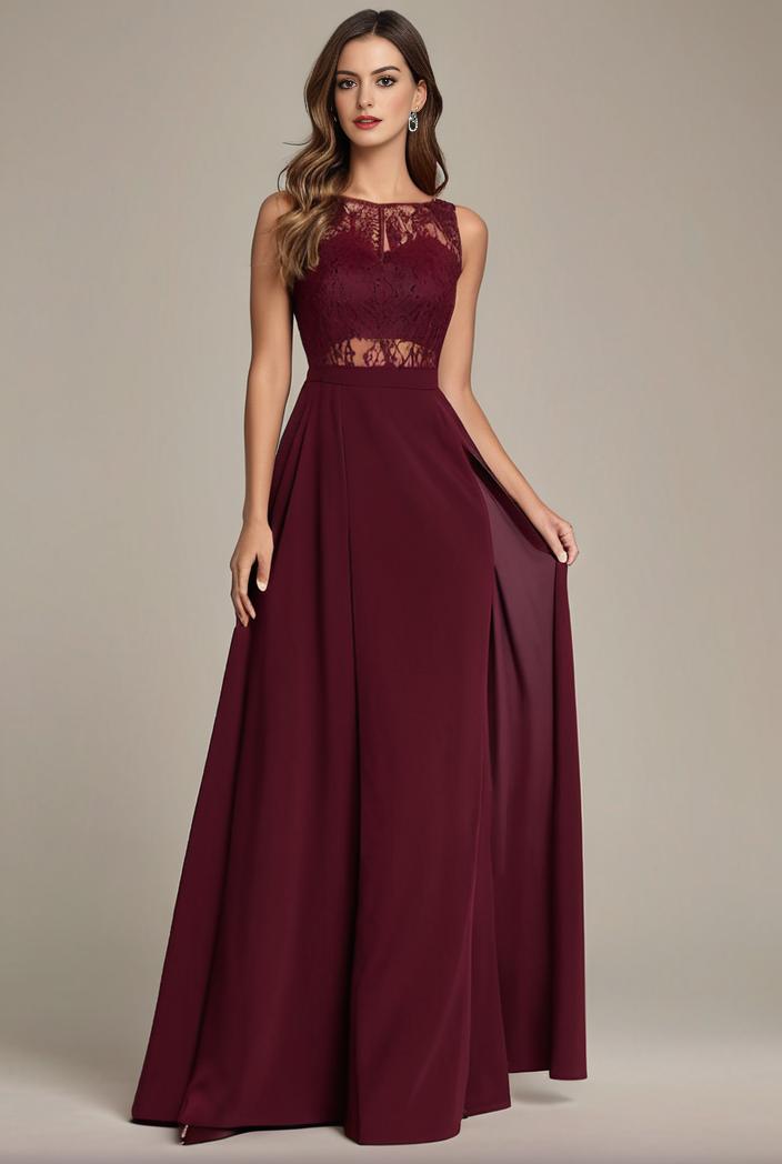 elegant chiffon maxi evening dress with lace cap sleeve 105350