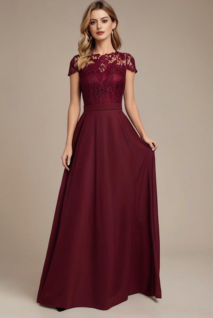 elegant chiffon maxi evening dress with lace cap sleeve 105351