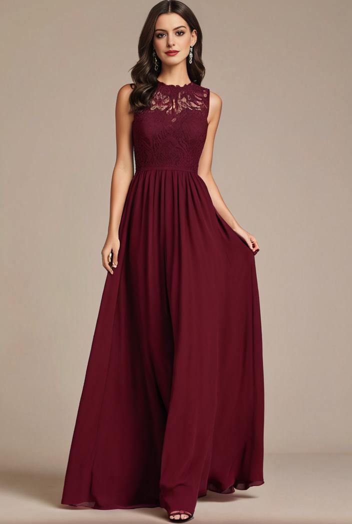 elegant chiffon maxi evening dress with lace cap sleeve 105352