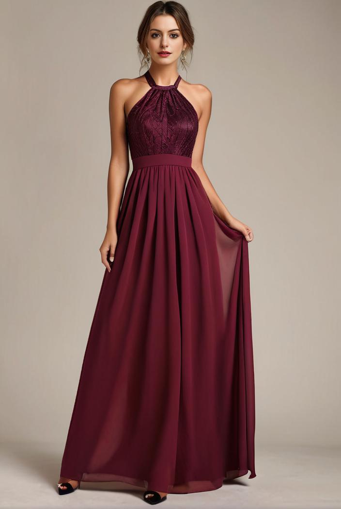 elegant chiffon maxi evening dress with lace cap sleeve 105353
