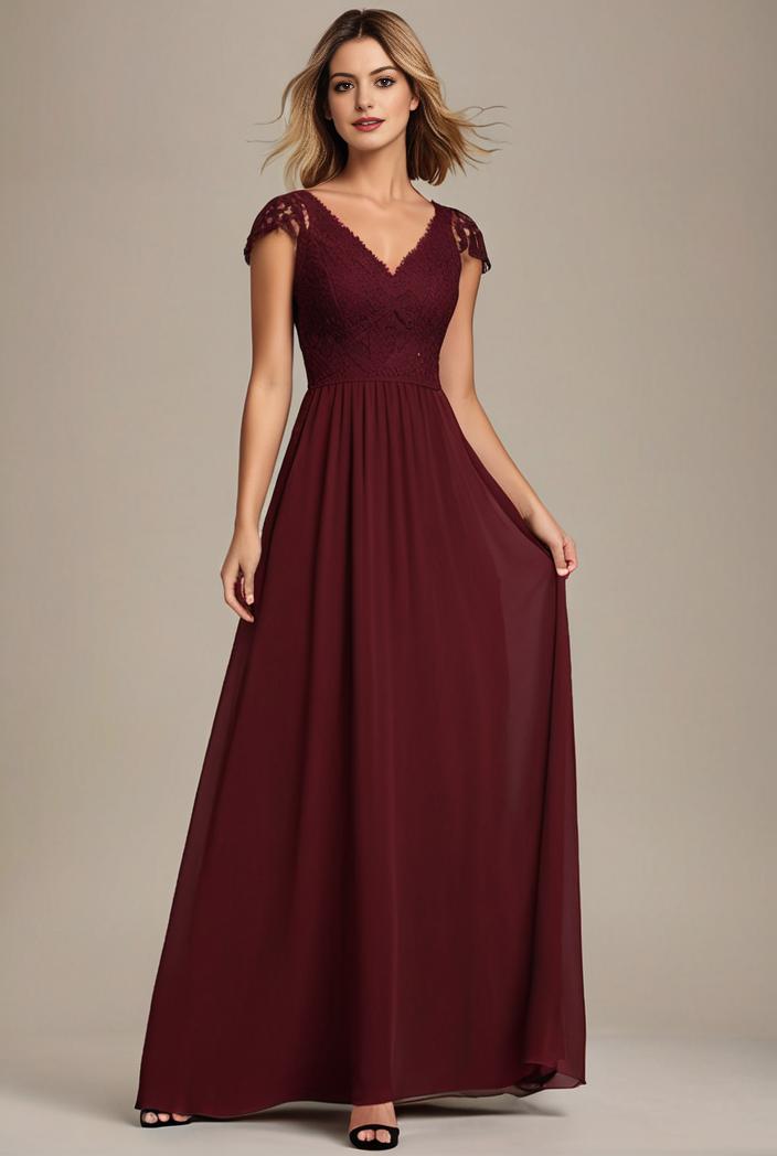elegant chiffon maxi evening dress with lace cap sleeve 105355