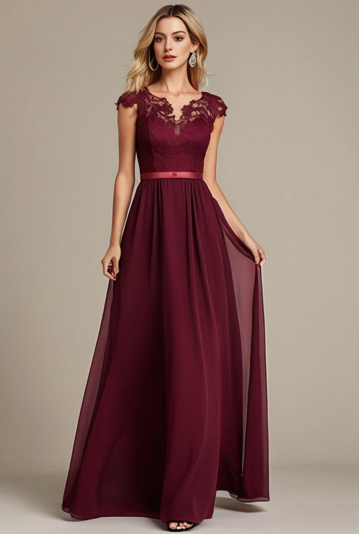 elegant chiffon maxi evening dress with lace cap sleeve 105356