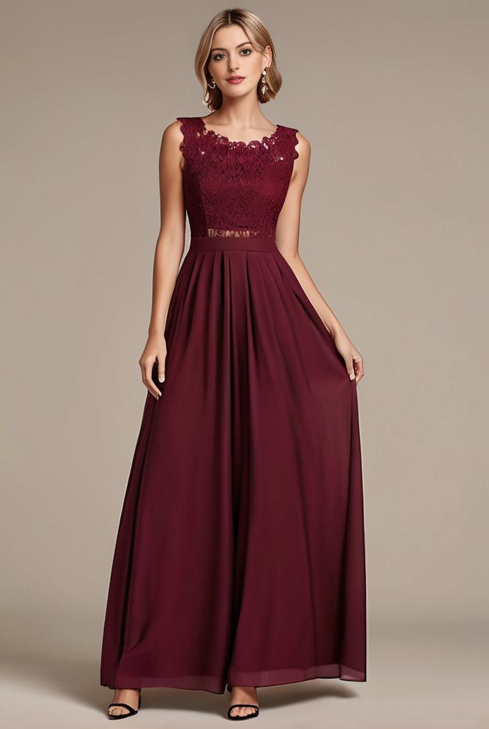 elegant chiffon maxi evening dress with lace cap sleeve 105357