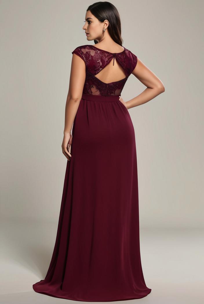 elegant chiffon maxi evening dress with lace cap sleeve 105358