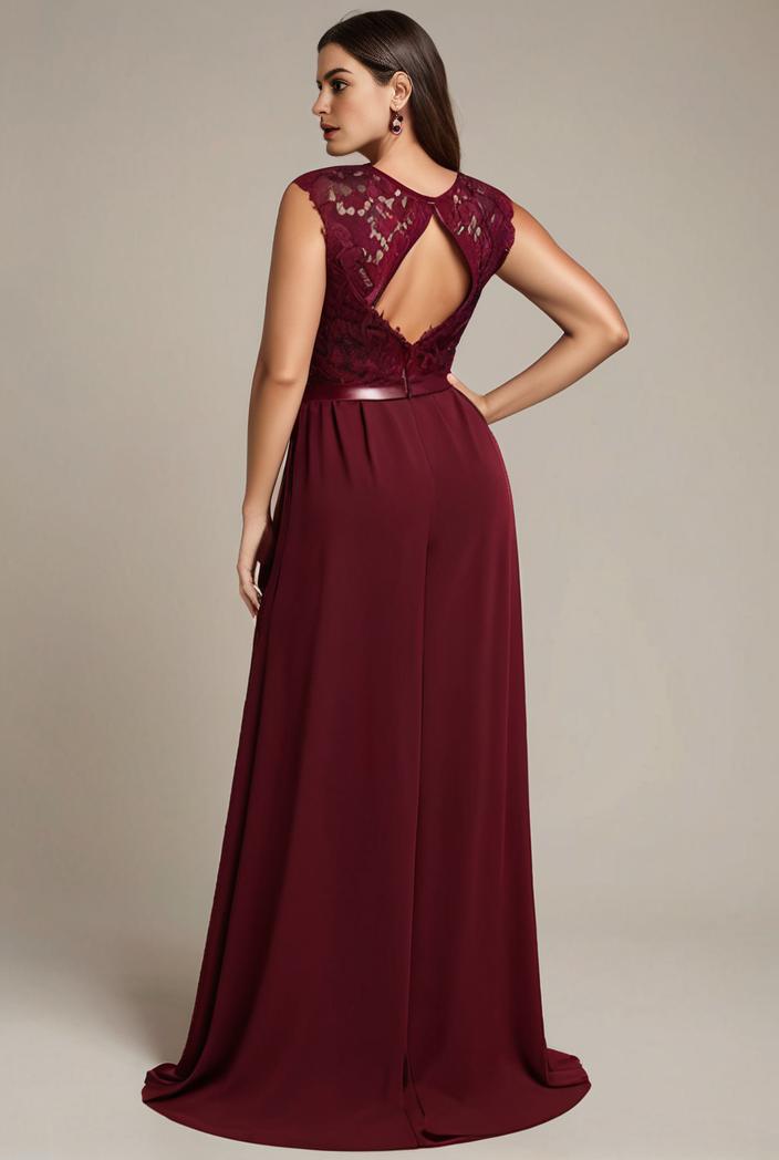 elegant chiffon maxi evening dress with lace cap sleeve 105359