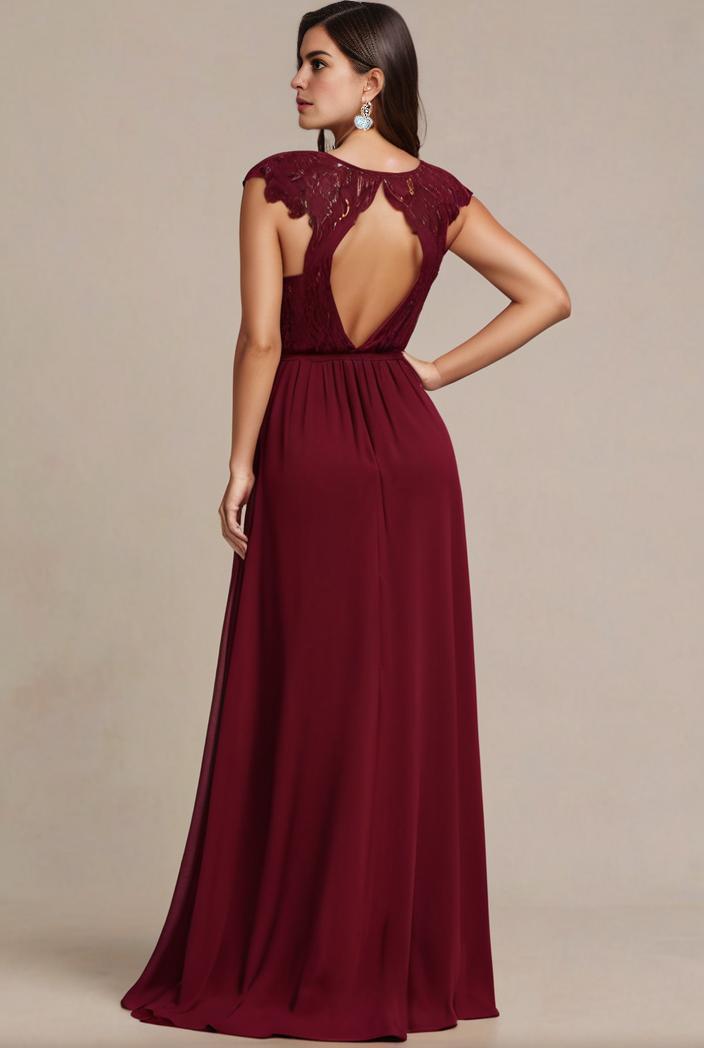 elegant chiffon maxi evening dress with lace cap sleeve 105360