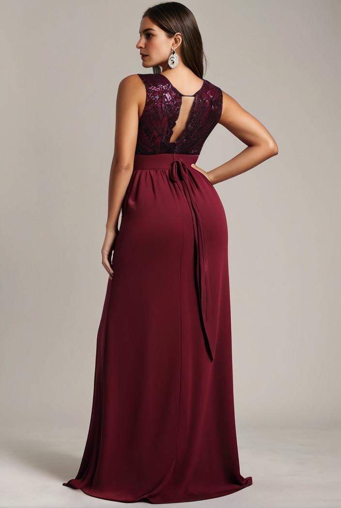 elegant chiffon maxi evening dress with lace cap sleeve 105361