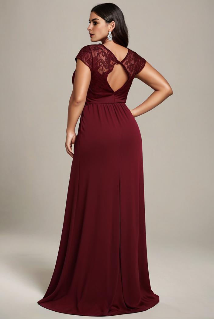 elegant chiffon maxi evening dress with lace cap sleeve 105363