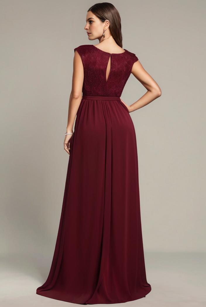 elegant chiffon maxi evening dress with lace cap sleeve 105365