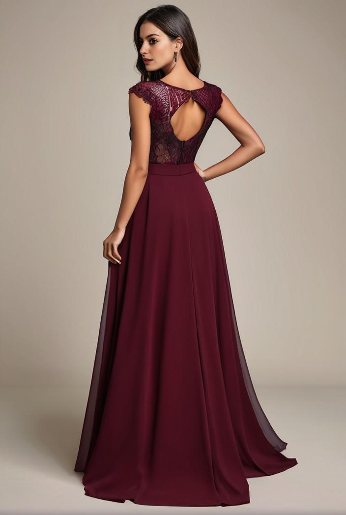 elegant chiffon maxi evening dress with lace cap sleeve 105366