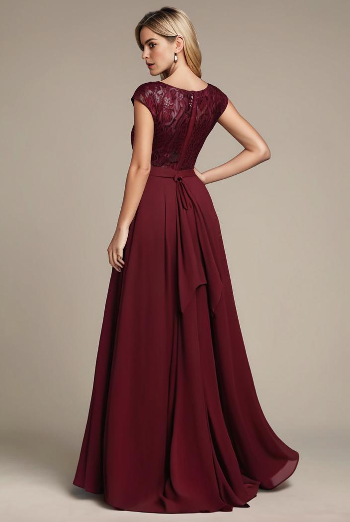 elegant chiffon maxi evening dress with lace cap sleeve 105372